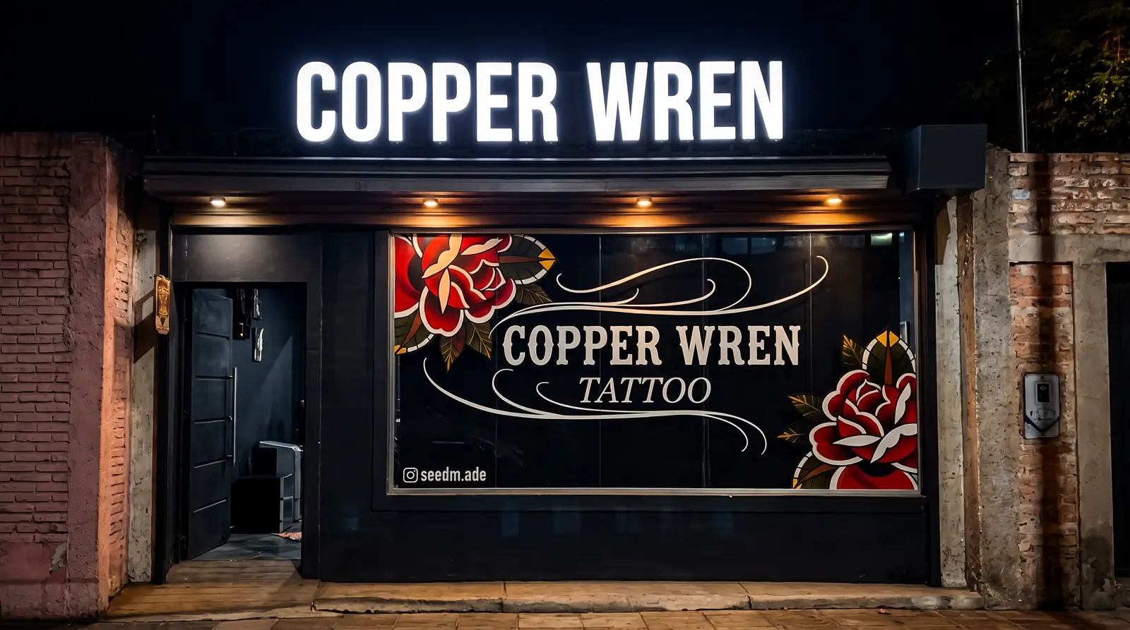 Copper Wren Tattoo storefront at night